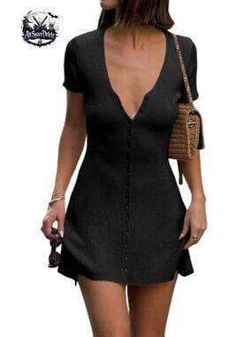 Women's V Neck Mini Dress Short Sleeve Ribbed Knit Button Down Sweater Dress